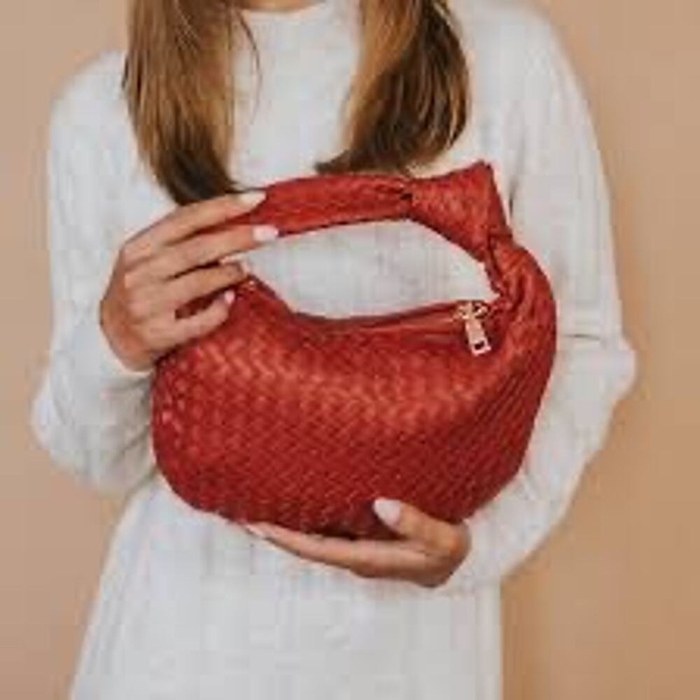 NEW Melie Bianco Drew Red Woven Vegan Leather Hobo Bag Top Handle Y2K Minimalist - Picture 2 of 8